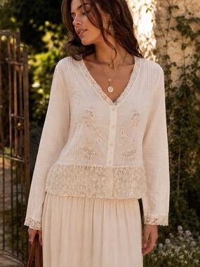 Vintage Romantic Boho Lace Trim Embroidered Cotton Blouse Cottagecore Fairycore